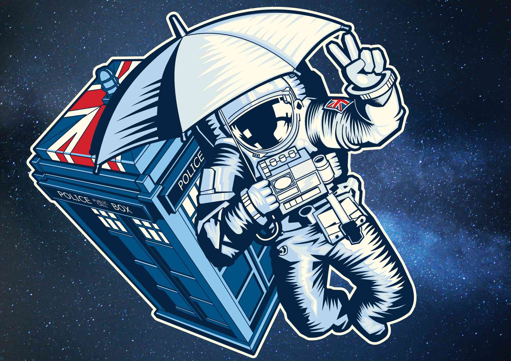 Astronaut in space near a Tardis – Illustration for Merchandise