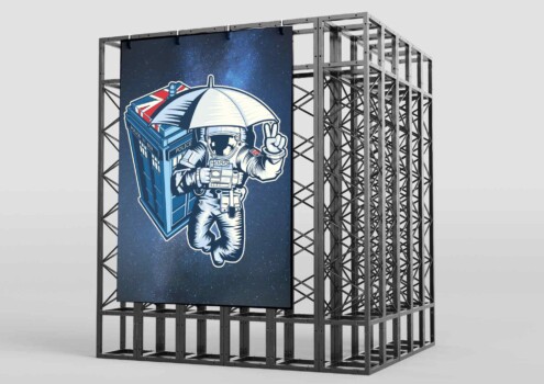 Astronaut in space holding an umbrella near a Tardis - Illustration Astronaut in space holding an umbrella near a Tardis - Illustration for Merchandise
