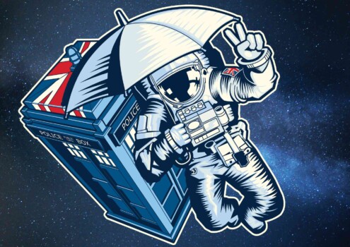 Astronaut in space holding an umbrella near a Tardis - Illustration Astronaut in space holding an umbrella near a Tardis - Illustration for Merchandise