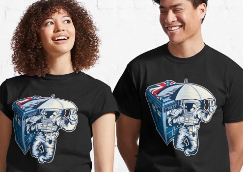 Astronaut in space holding an umbrella near a Tardis - Illustration Astronaut in space holding an umbrella near a Tardis - Illustration for Merchandise